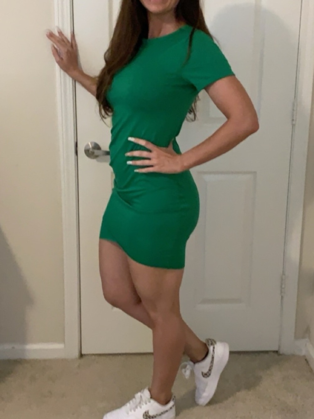 EUC Kelly green, short-sleeved ruched jersey t-shirt tee dress large